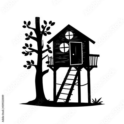 A black silhouette of a treehouse with a ladder and tree, minimalist design, isolated on a white background, concept of childhood adventure. Concept of childhood playhouse
