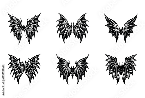 Black Demon & Gothic Wings Clipart Bundle – Vector Art Set Featuring Dark Angels, Horned Devils, and Hellish Creatures for Horror & Fantasy Projects.