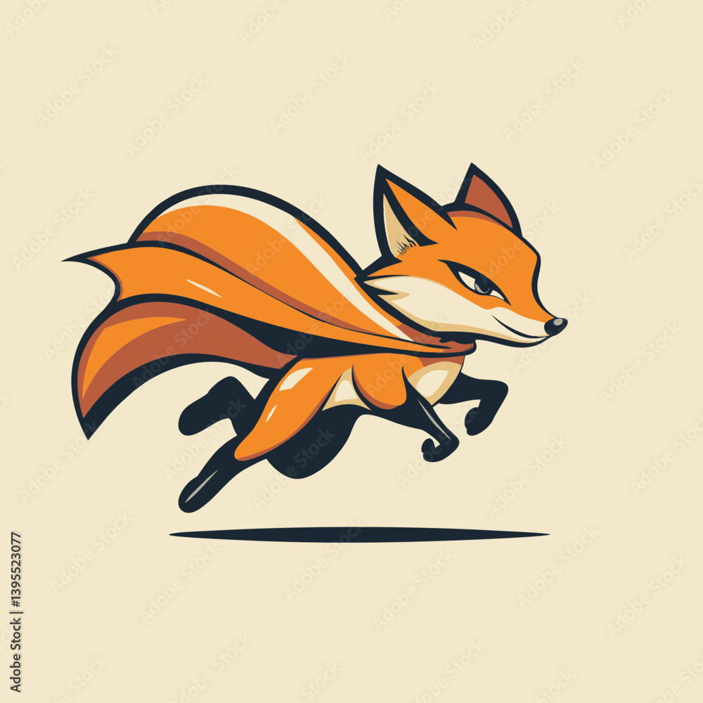 Obraz premium A stylized illustration of an orange fox wearing a cape, soaring through the air; concept for mascot design, branding, children's book illustration
