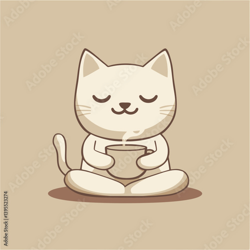 Adorable cartoon cat peacefully enjoying a warm beverage, seated in a yoga pose; concept for coffee shop branding, relaxation, and mindfulness illustrations