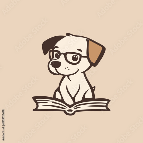 Adorable cartoon dog wearing glasses sits on an open book, a concept for children's book illustrations, educational apps, or website design
