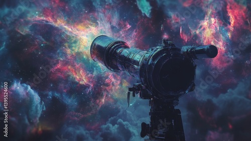 Telescope pointing towards colorful nebula in space astronomy concept.