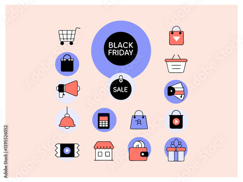 Black Friday Sale Icons Set for E-commerce. graphic features a collection of simple, line-art icons representing Black Friday sales.