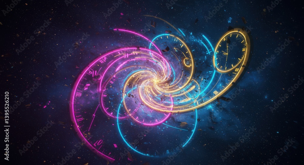 Obraz premium Abstract representation of time swirling in vibrant colors against a cosmic backdrop