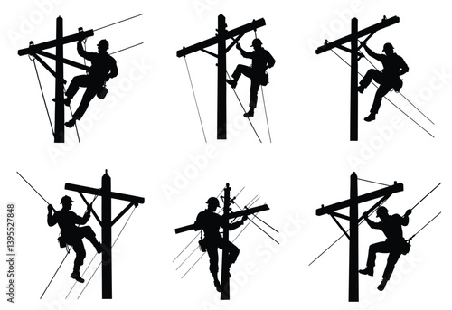 Silhouettes of Utility Linemen Working on Power Poles ,Vector Set of Electrical Workers Climbing Utility Structures.