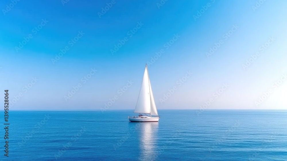 Obraz premium Sailboat on Calm Ocean Serene Minimalist Style High-Definition Vibrant Lighting Long Shot Ocean Breeze Tranquility Azure Blue Waters Ideal for Travel Brochures
