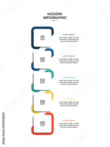 5 Elements placed in vertical row. Concept of 5 successive steps of project development process. Flat infographic design template. Simple vector illustration for business analytics.