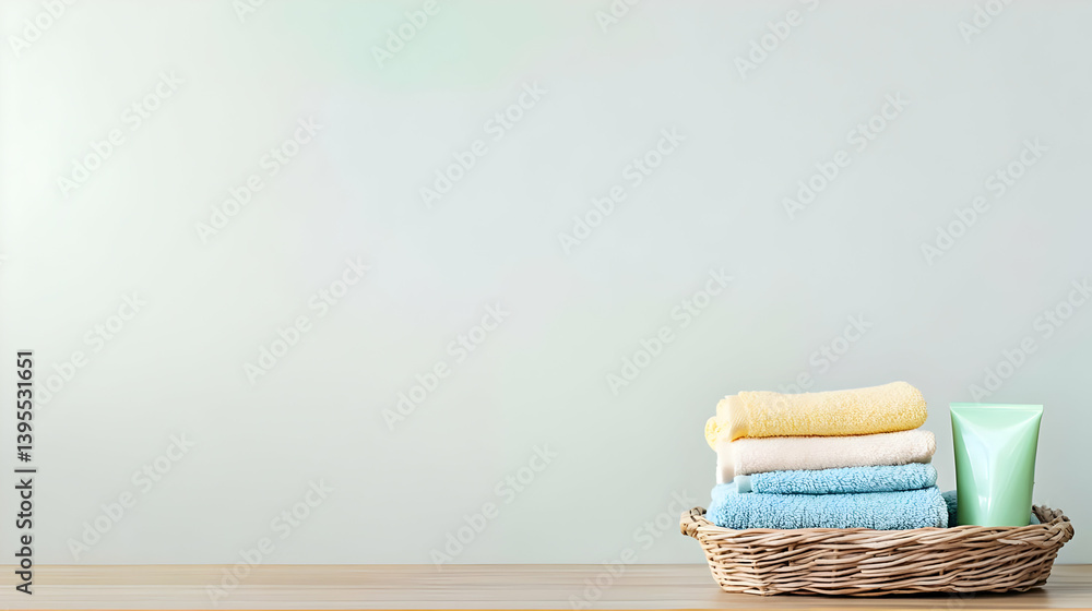 Stacked Towels In Wicker Basket On Light Wood Table Stacked Towels In Wicker Basket On Light Wood Table