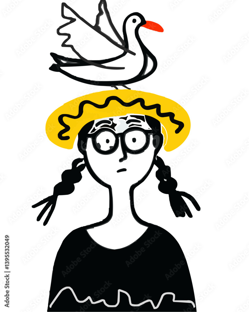 Obraz premium illustration of a girl in a hat with a seagull on her head