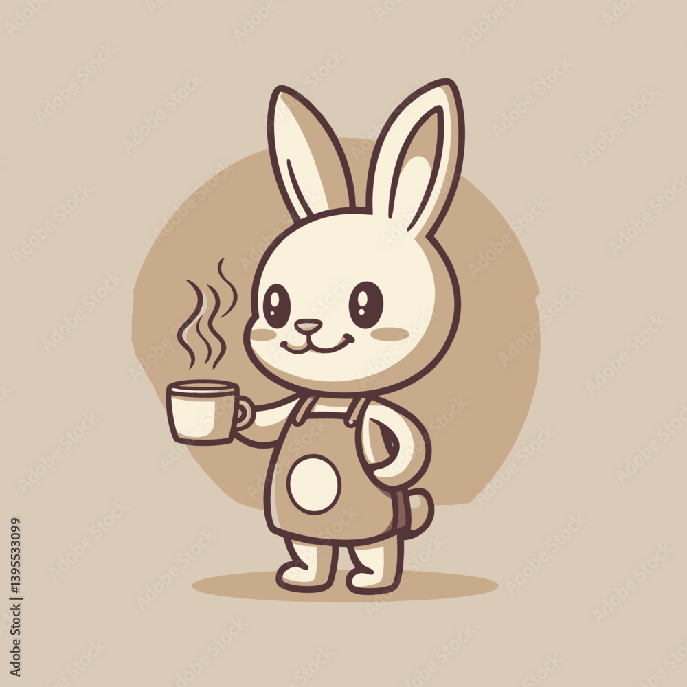 Obraz premium Adorable cartoon bunny holding a steaming cup of coffee against a muted brown background, concept for cafe branding, coffee shop logo, and cute animal illustrations