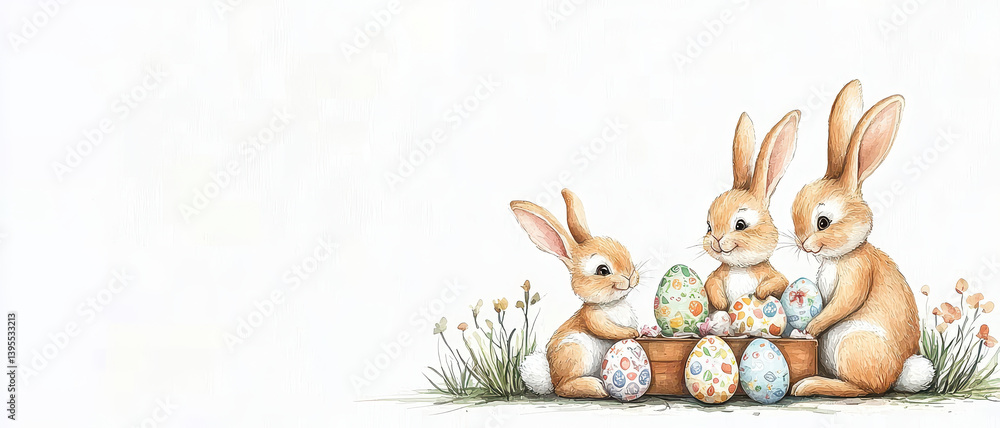 Fototapeta premium Cute bunnies painting colorful eggs in spring setting, perfect for Easter celebrations