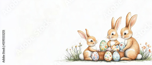 Cute bunnies painting colorful eggs in spring setting, perfect for Easter celebrations