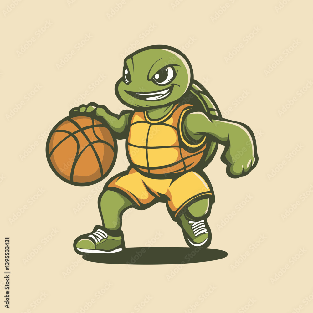 Obraz premium A cartoon turtle wearing a yellow jersey dribbling a basketball, concept for sports mascot logo design
