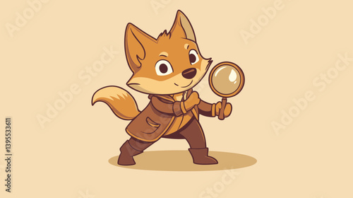 Adorable cartoon fox detective character holding magnifying glass, concept for children's book illustration, mascot design, branding
