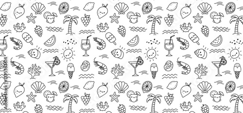 Seamless pattern with cute kawaii summer beach doodles, black and white line art background featuring smiling sun, palm tree, fruit, shell, and starfish characters for kids