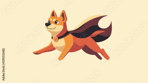 Adorable Shiba Inu dog wearing a cape, flying with a determined expression; concept for children's book illustration, mascot design, superhero themed branding