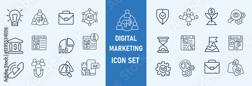 Digital marketing icon set. Containing seo, content, website, social media, sales and online advertising. Solid vector symbol collection.