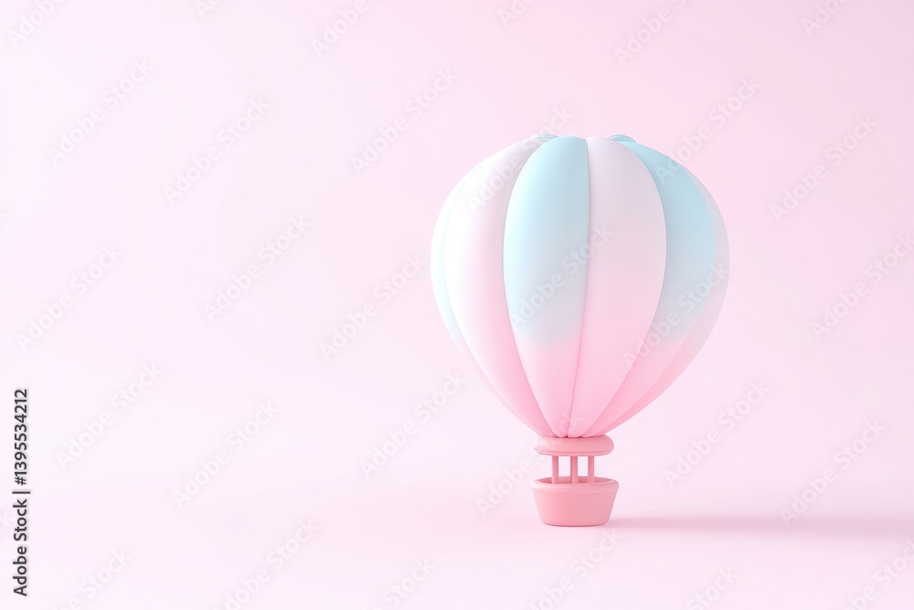Fototapeta premium Pastel hot air balloon on a light pink background. A soft, 3D rendered hot air balloon in a light pink and pastel blue color scheme
