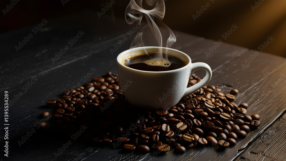 a moody, high-contrast cinematic photo of a steaming hot coffee in a pristine white ceramic cup, with a generous helping of freshly roasted coffee beans spilling out, scattered across a dark, rustic