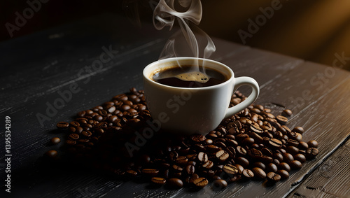 a moody, high-contrast cinematic photo of a steaming hot coffee in a pristine white ceramic cup, with a generous helping of freshly roasted coffee beans spilling out, scattered across a dark, rustic 