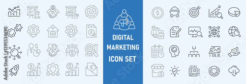 Digital marketing icon set. Containing seo, content, website, social media, sales and online advertising. Solid vector symbol collection.