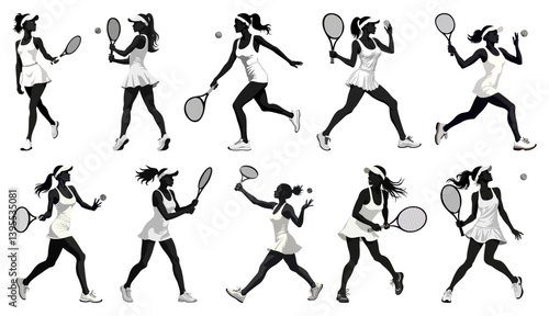Woman Tennis Player Silhouette Set White Background