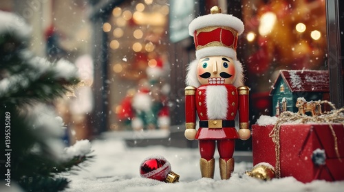 A decorated red nutcracker standing in a winter wonderland setting