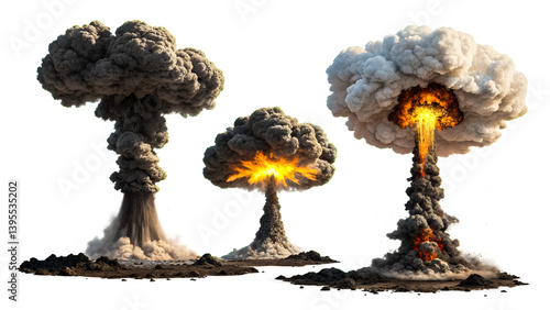 three atomic bomb explosions isolated on a white background, Png.