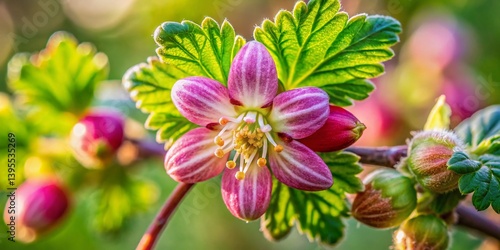 Close-up of Delicate European Gooseberry Blossom, Spring Flowering, Ribes Uva-Crispa