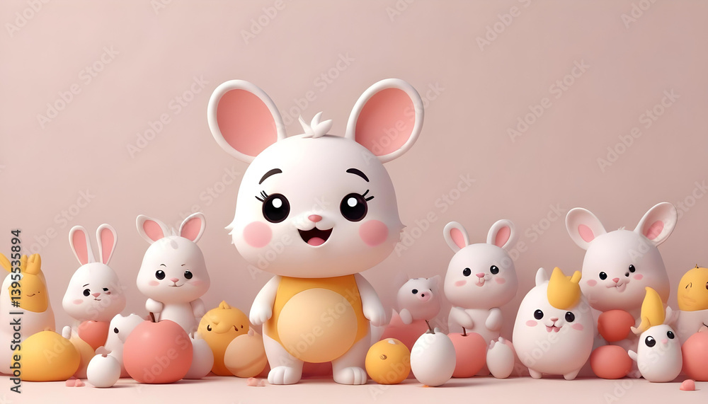Fototapeta premium A delightful cartoon mouse stands among cute rabbits and cheerful animals, perfect for children's content.