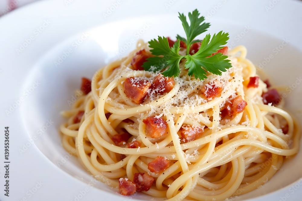 A close up of a bowl of spaghetti carbonara with bacon and parsley on a white plate A close up of a bowl of spaghetti carbonara with bacon and parsley on a white plate