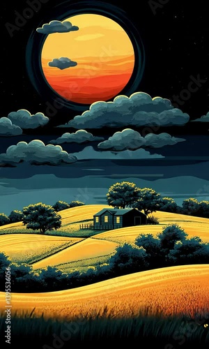 Sunrise over a golden countryside landscape at night