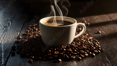 Obraz na płótnie a moody, high-contrast cinematic photo of a steaming hot coffee in a pristine white ceramic cup, with a generous helping of freshly roasted coffee beans spilling out, scattered across a dark, rustic w salonie