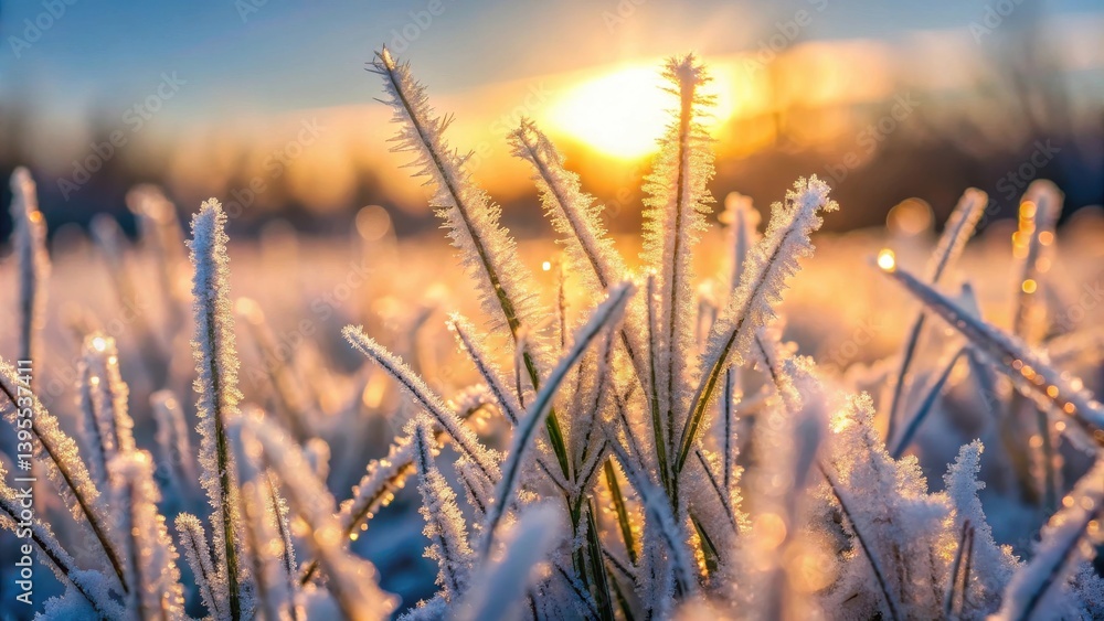 Frost-covered blades of grass illuminated by the warm glow of sunrise, a breathtaking winter scene Frost-covered blades of grass illuminated by the warm glow of sunrise, a breathtaking winter scene