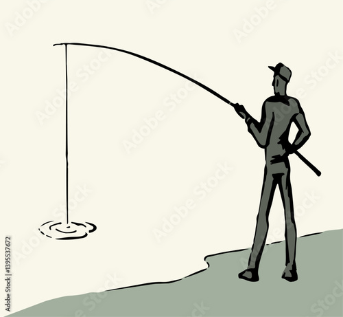 Vector drawing. Man catching fish