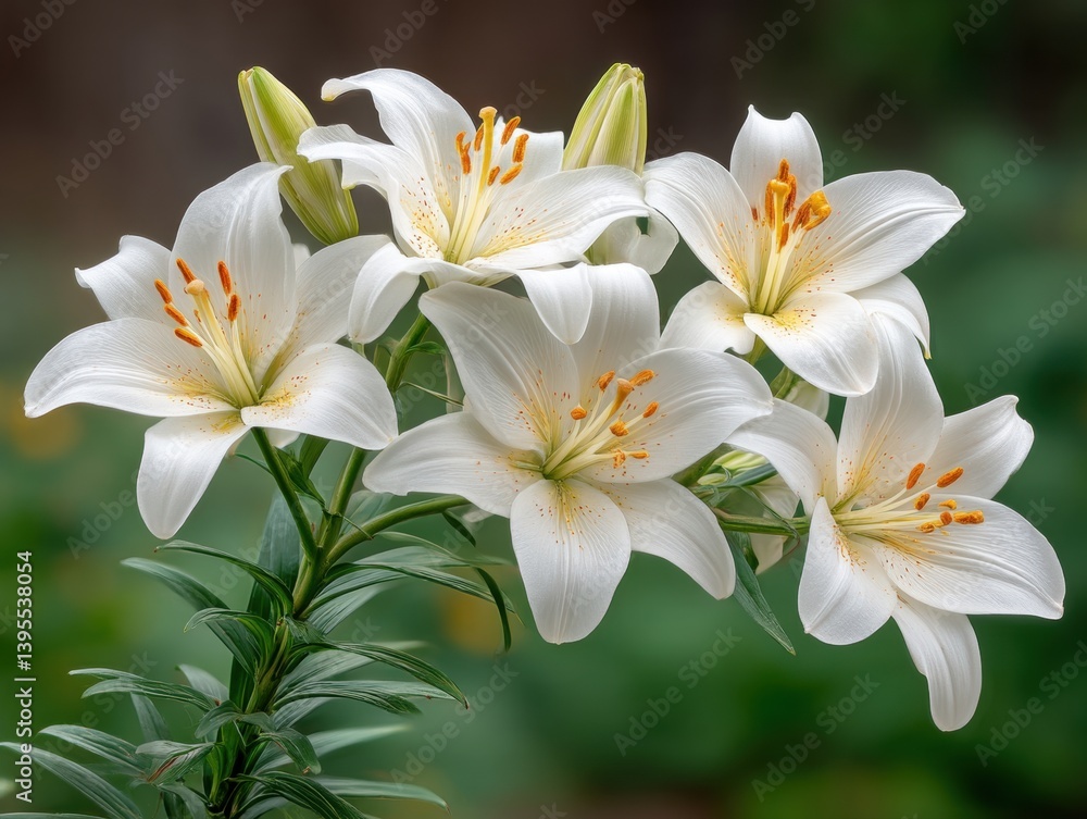 A bouquet of elegant white lilies showcasing their delicate petals and vibrant orange stamens against a lush green background. A bouquet of elegant white lilies showcasing their delicate petals and vibrant orange stamens against a lush green background.
