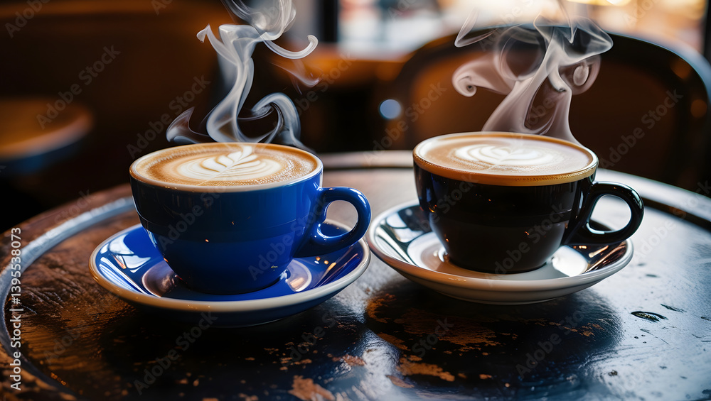 a cinematic, high-contrast photograph of a close-up composition featuring two steaming blue cups, one filled with a rich hot latte coffee and the other with a bold Americano, placed side by side