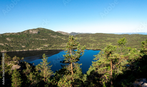 Obraz na płótnie A View to Scenic Pine Forest With Mountain and Reflective Lake from a Hiking Trail to Preikestolen, Stavanger, Norway, July 2018 w salonie