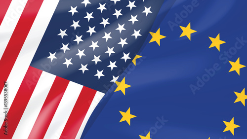 United States and European Union Flags Waving Together, International Relations Concept