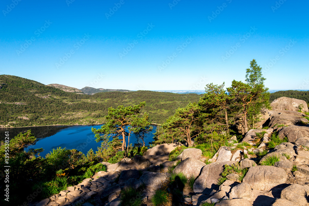 Scenic Summer Landscape with Forest, Clear Blue Lake as Seen from Preikestolen Hiking Trail, Stavanger, Norway, July 2018
