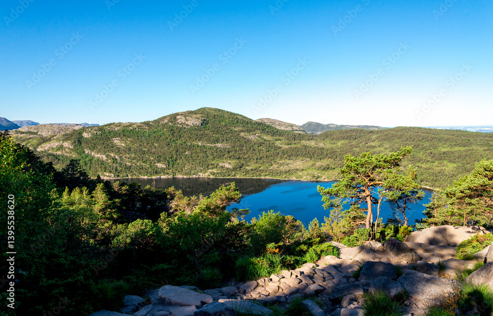 A View to a Scenic Mountain Lake From Preikestolen Hiking Trail, Stavanger, Norway, July 2018