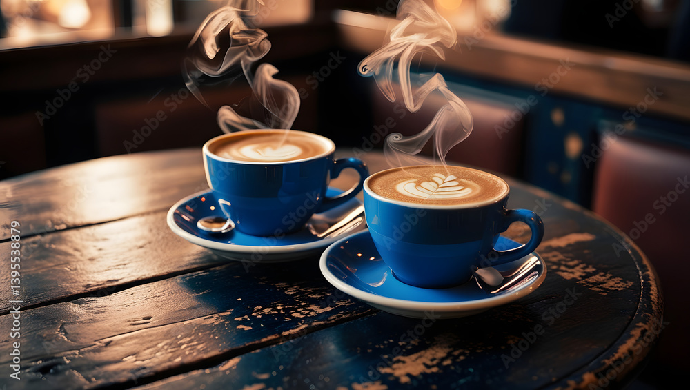 a cinematic, high-contrast photograph of a close-up composition featuring two steaming blue cups, one filled with a rich hot latte coffee and the other with a bold Americano, placed side by side