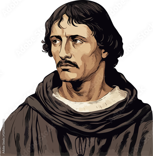 Illustrated Drawing of Giordano Bruno. Italian philosopher & astronomer, Bruno challenged Church dogma with his heliocentric views, advocating for an infinite universe.