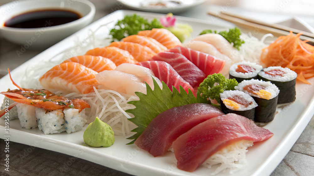 Sushi and Sashimi Moriawase Platter – Traditional Japanese Assorted Raw Fish and Seafood