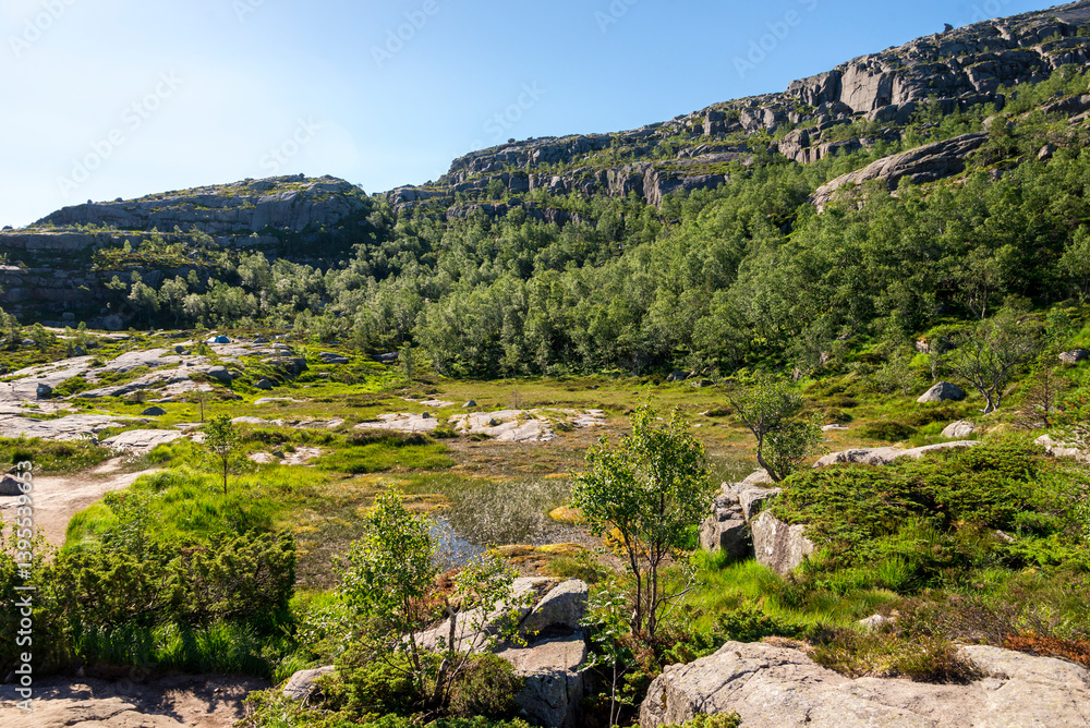 Scenic Mountain Landscape with Verdant Vegetation and Clear Blue Sky on Preikestolen Hiking Trail, Stavanger, Norway, July 2018