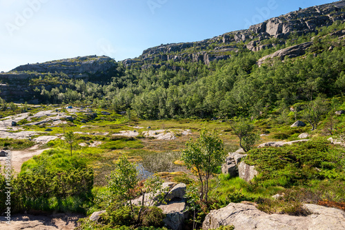 Obraz na płótnie Scenic Mountain Landscape with Verdant Vegetation and Clear Blue Sky on Preikestolen Hiking Trail, Stavanger, Norway, July 2018 w salonie