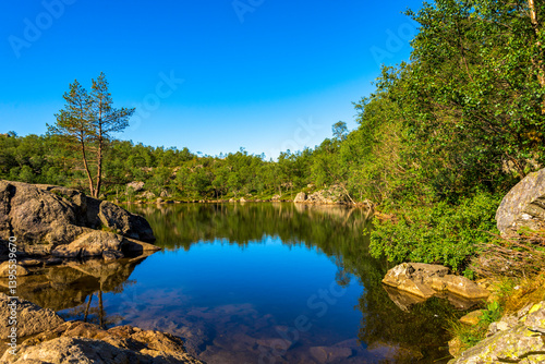 Scenic View of a Beautiful Lake with Trees Reflection in Calm Clear Water When Hiking to Preikestolen, Stavanger, Norway, July 2018