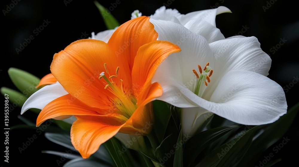 Obraz premium Close-up of vibrant orange and white lilies, elegant and delicate, against a dark background. Deep, rich tones highlight the petals