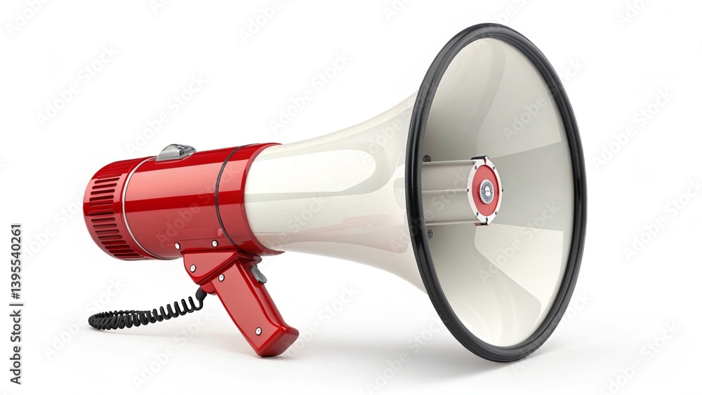 Naklejka premium Red and white megaphone isolated on white background. 3d rendering of bullhorn