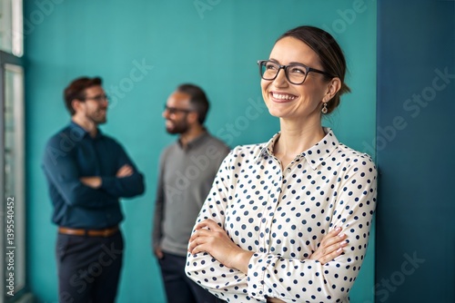 Confident businesswoman with colleagues in a teal office